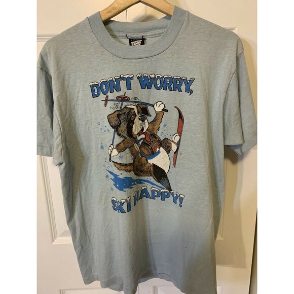 Vtg 80s‎ Don’t Worry Ski Happy Dog St Bernard Men’s Sz L Blue Screen Stars Best - Picture 3 of 8